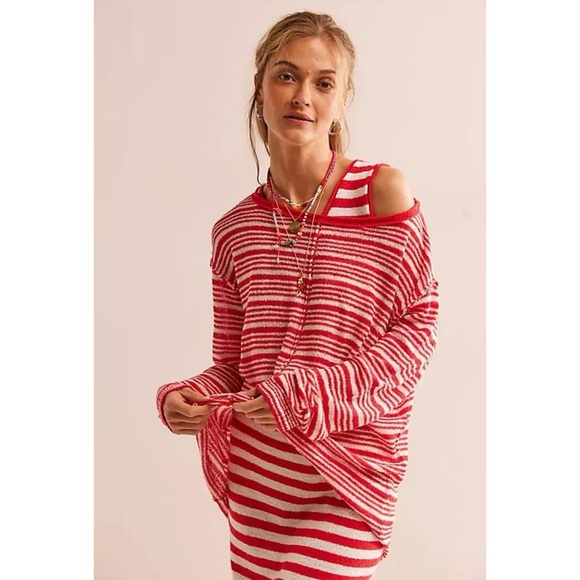 NWT Free People Bailey 3 Piece Sweater Set Skirt Top Terry Red White Stripe - Picture 13 of 14